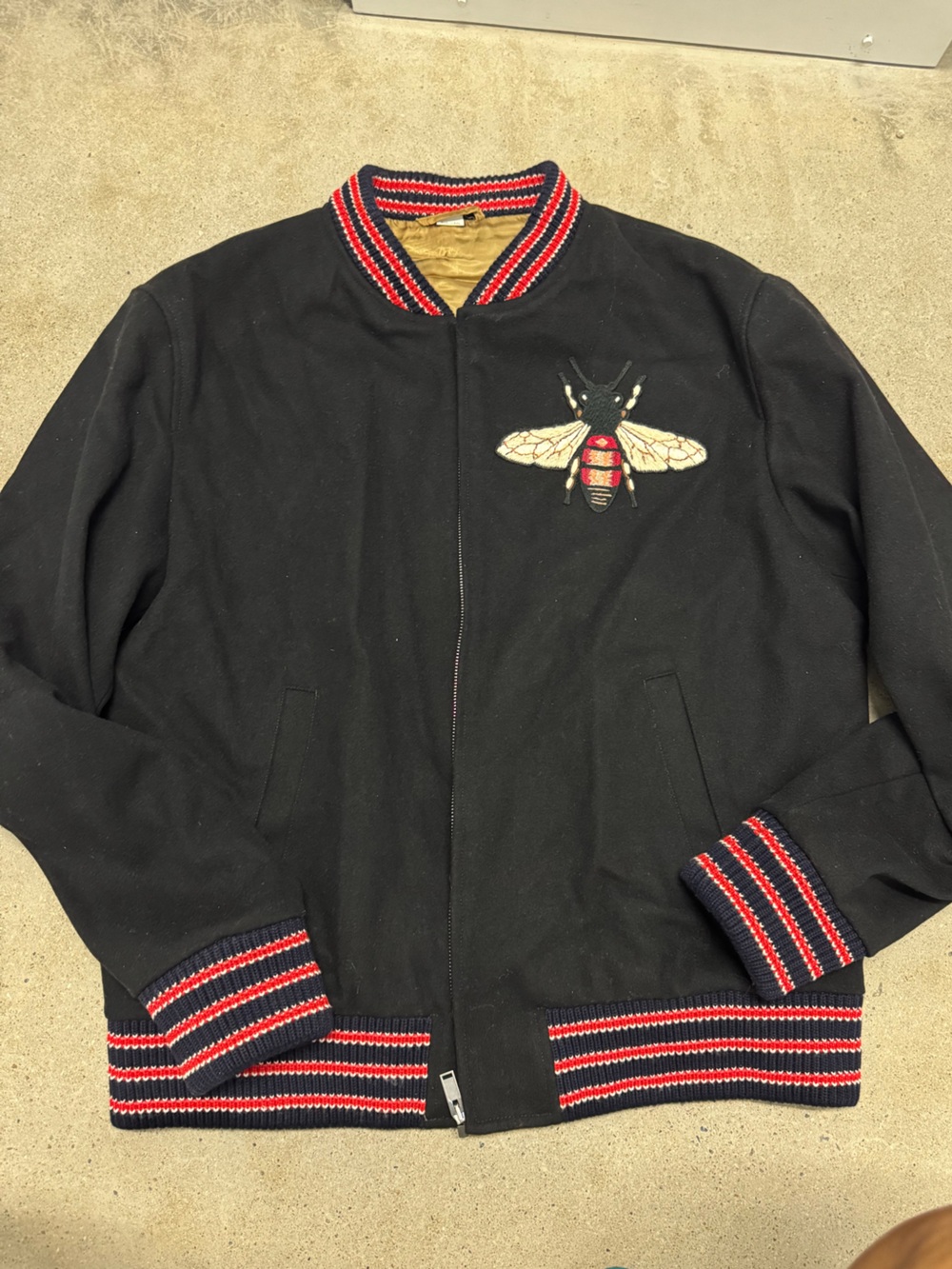 Gucci Wool Jacket with Red Stripe Trim and Bee Embroidery